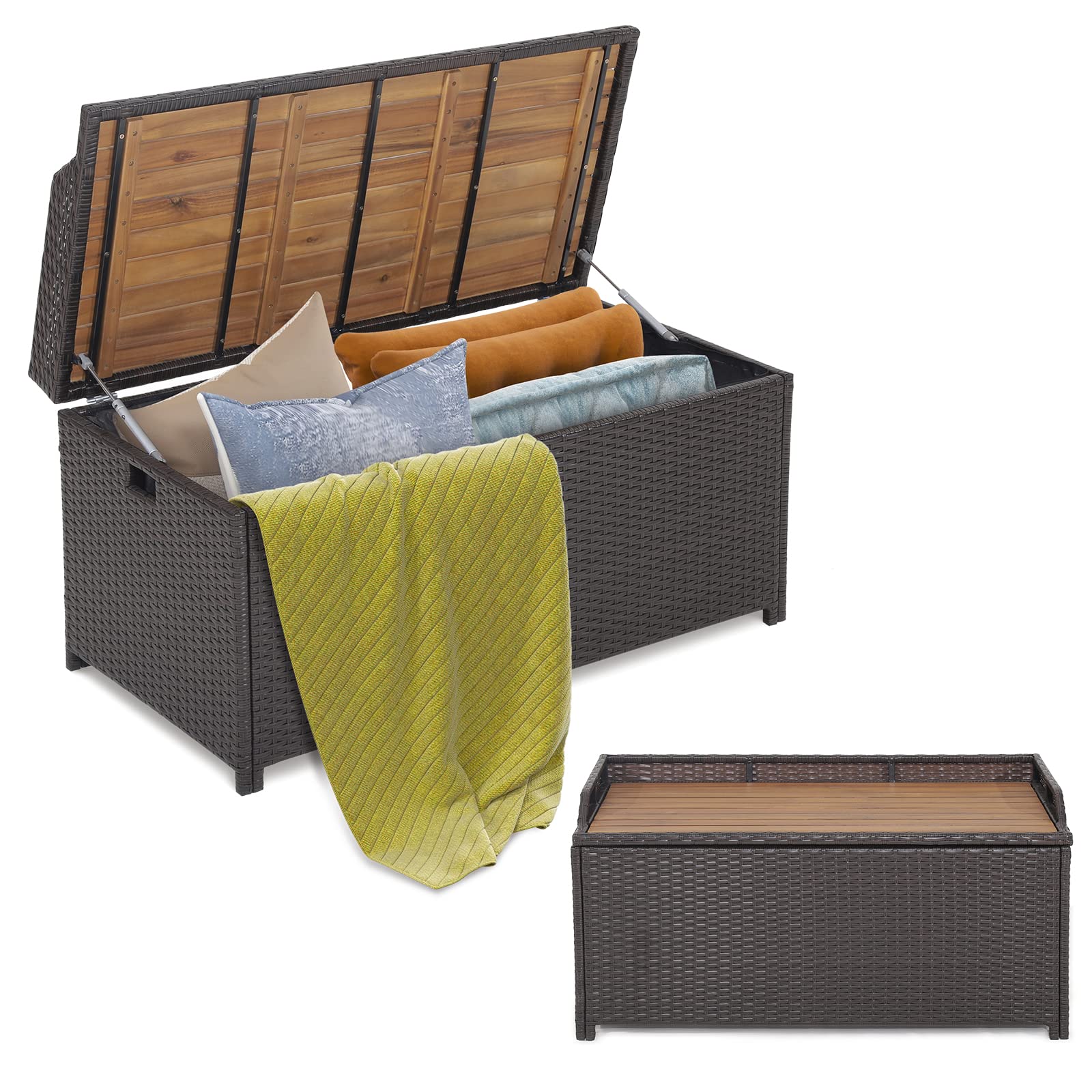 Banc de rangement extérieur Tangkula 45 gallons, coffre de rangement en rotin brun mélangé avec doublure zippée